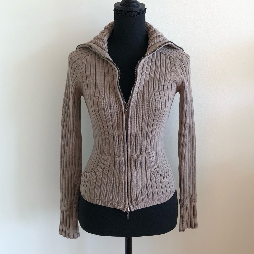 Esprit Women's Ribbed Zip-Up Sweater - Tan
